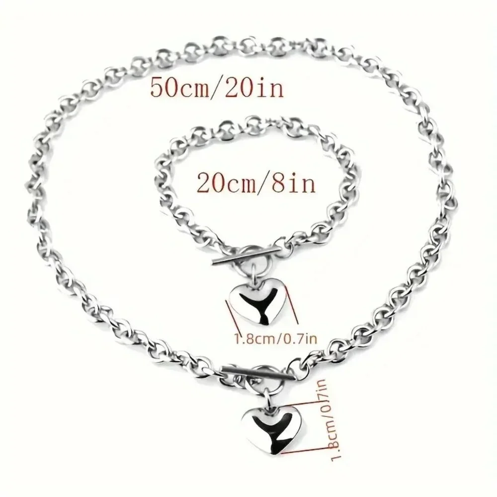 💕 2pc Heart Charm Necklace & Bracelet Set Silver Tone Chain Mother’s Day Gift - Picture 8 of 8